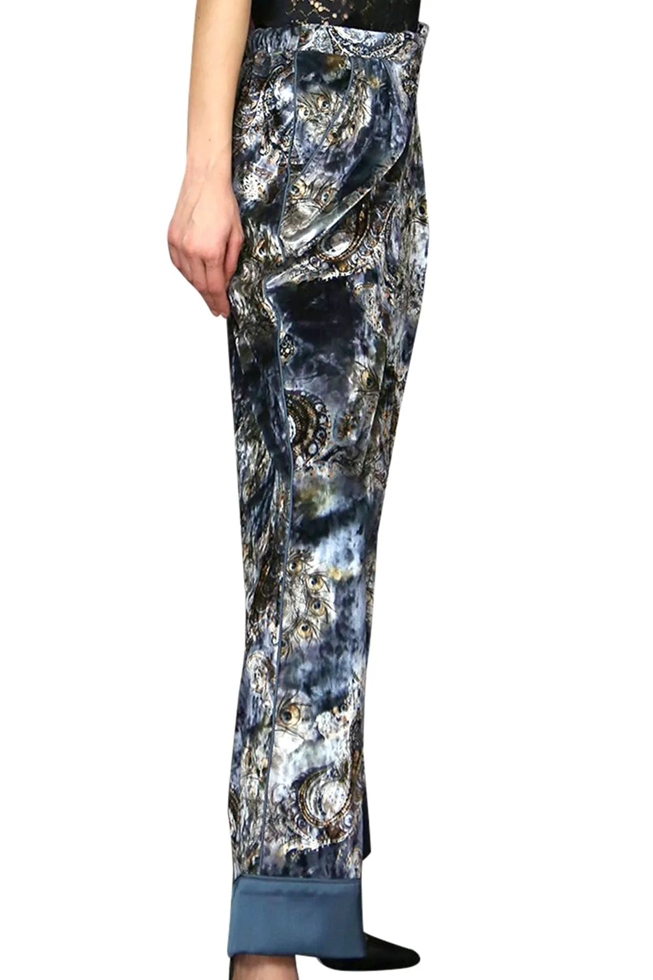 Velvet Leg Pants In Peacock Print