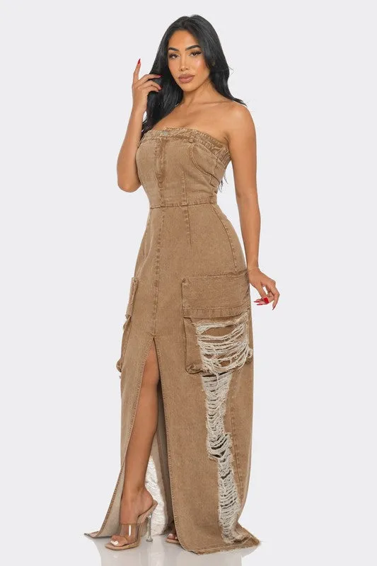 Vintage Washed Distressed Cargo Maxi Dress