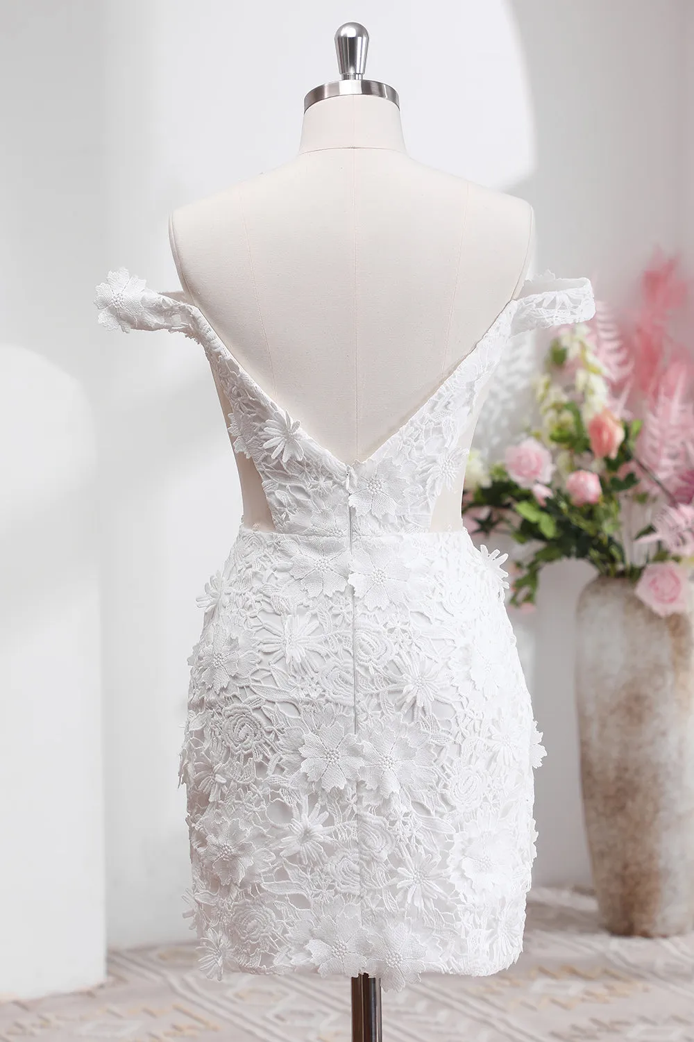 White A Line Off The Shoulder Wedding Dress with Appliques Lace