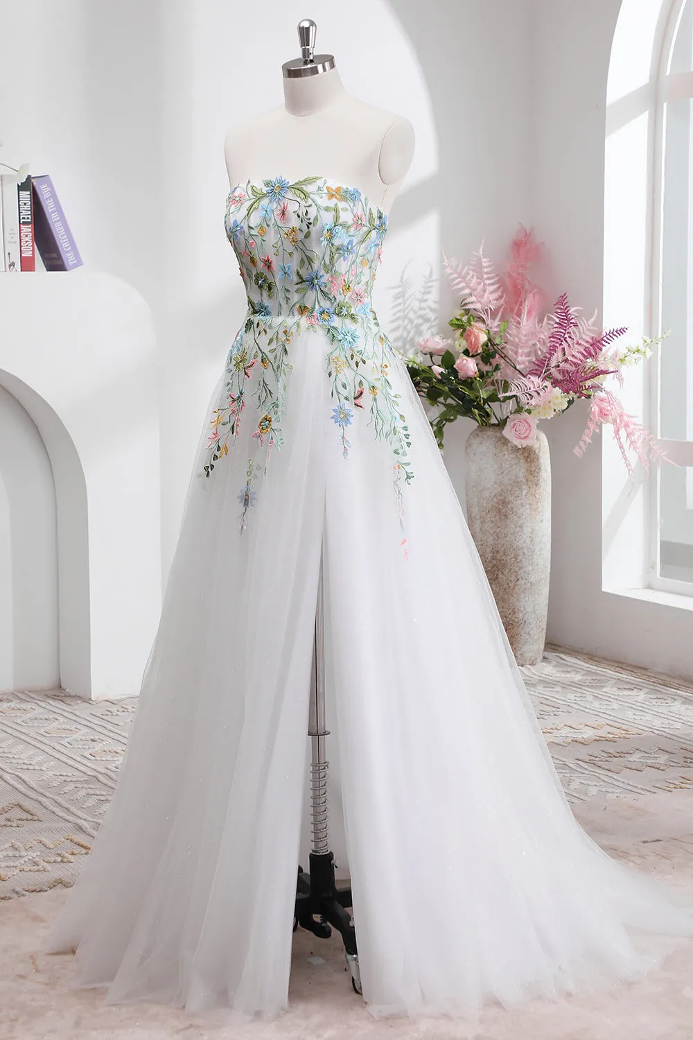 White A Line Strapless 3D Flowers Tulle Wedding Dress with Slit