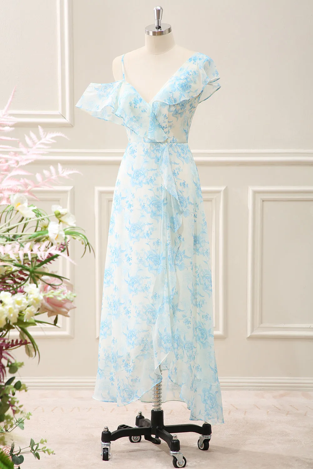 White Blue Flower A Line Chiffon Ruffled Tea Length Dress