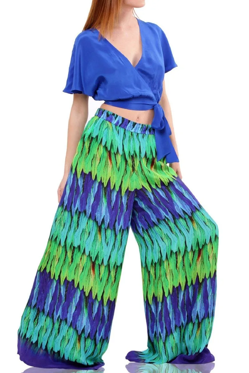 Wide Leg Printed Pants In Emerald Green