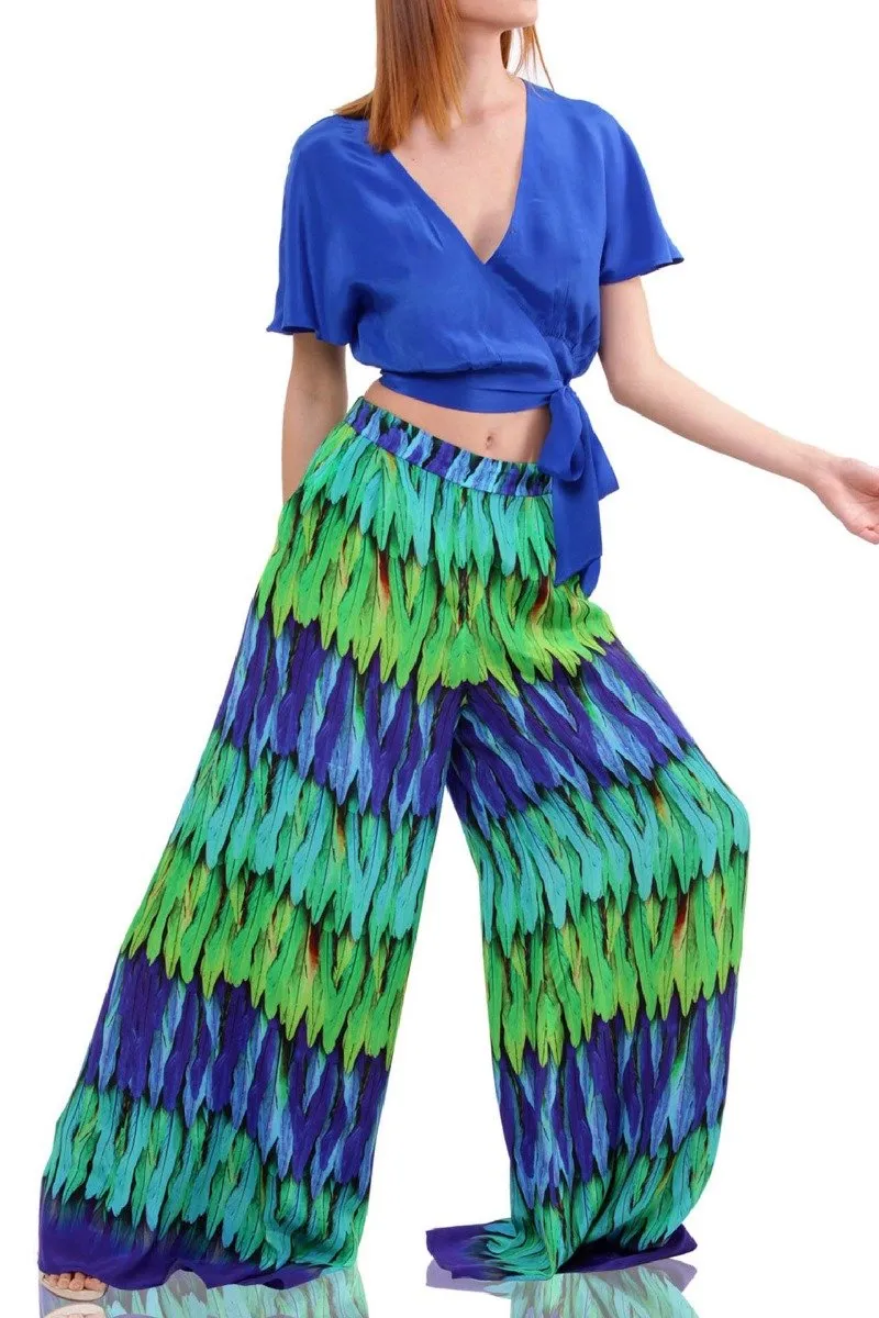 Wide Leg Printed Pants In Emerald Green